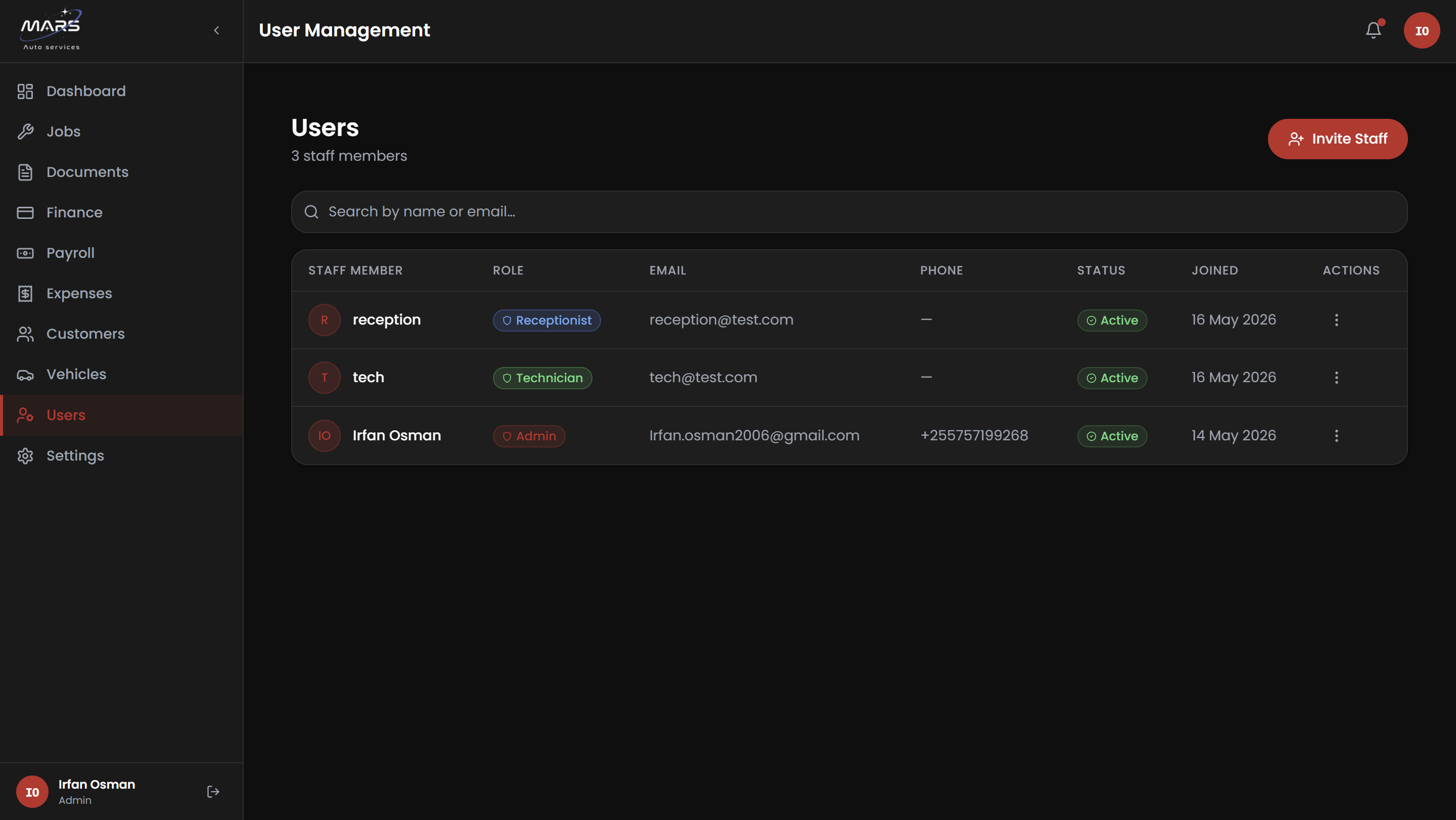 MARS user management - role-based access control and staff profile management